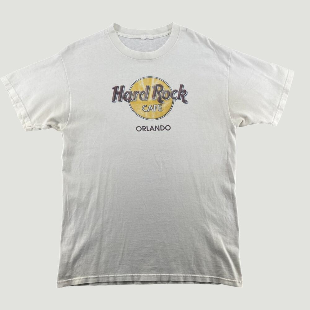 Hard Rock Cafe Orlando Graphic T Shirt White Yellow Logo Modern Tourist Tee